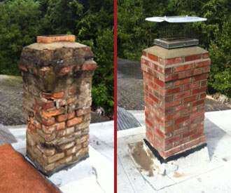 Damaged chimney and crown masonry without chimney cap on the left and repaired masonry, crown, and new chimney cap on right