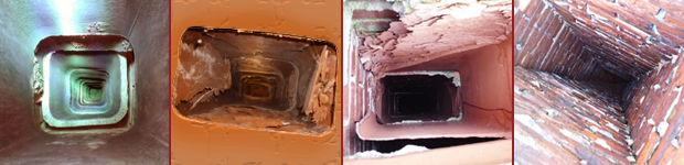 four picture collage showing different levels of damage and erosion of chimney flue liners before relining