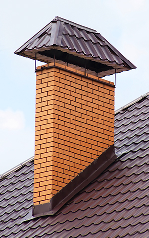 New yellow brick chimney installation with custom chimney cap to match roof