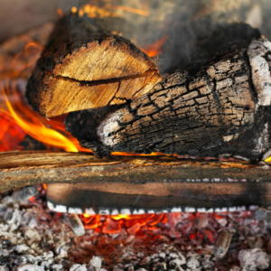 a close up view of wood burning over hot coals and ash