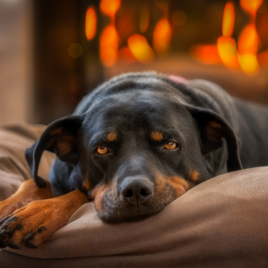 a black dog looking melancholy by a fireplace